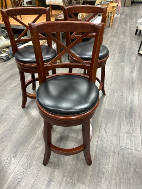 3 WOOD W/LEATHER STOOLS