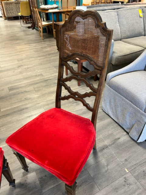 CARVED TABLE W/6 RATTAN CHAIRS W/RED UPHOL