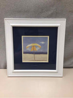 WHITE/BLUE UMBRELLA AT BEACH ARTWORK