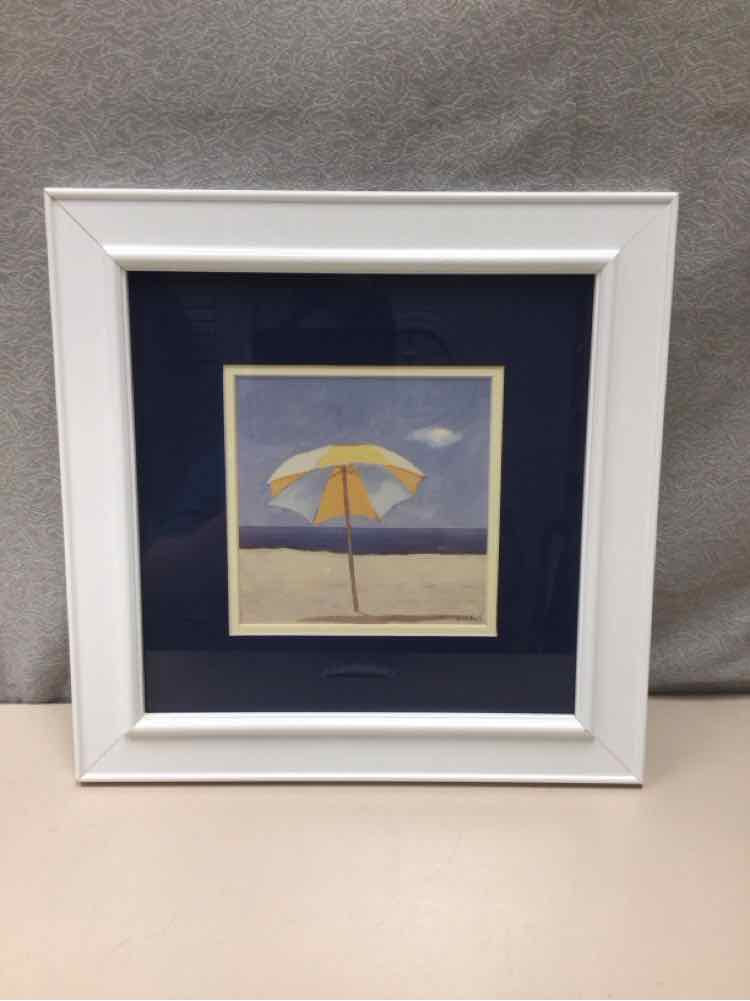 WHITE/BLUE UMBRELLA AT BEACH ARTWORK