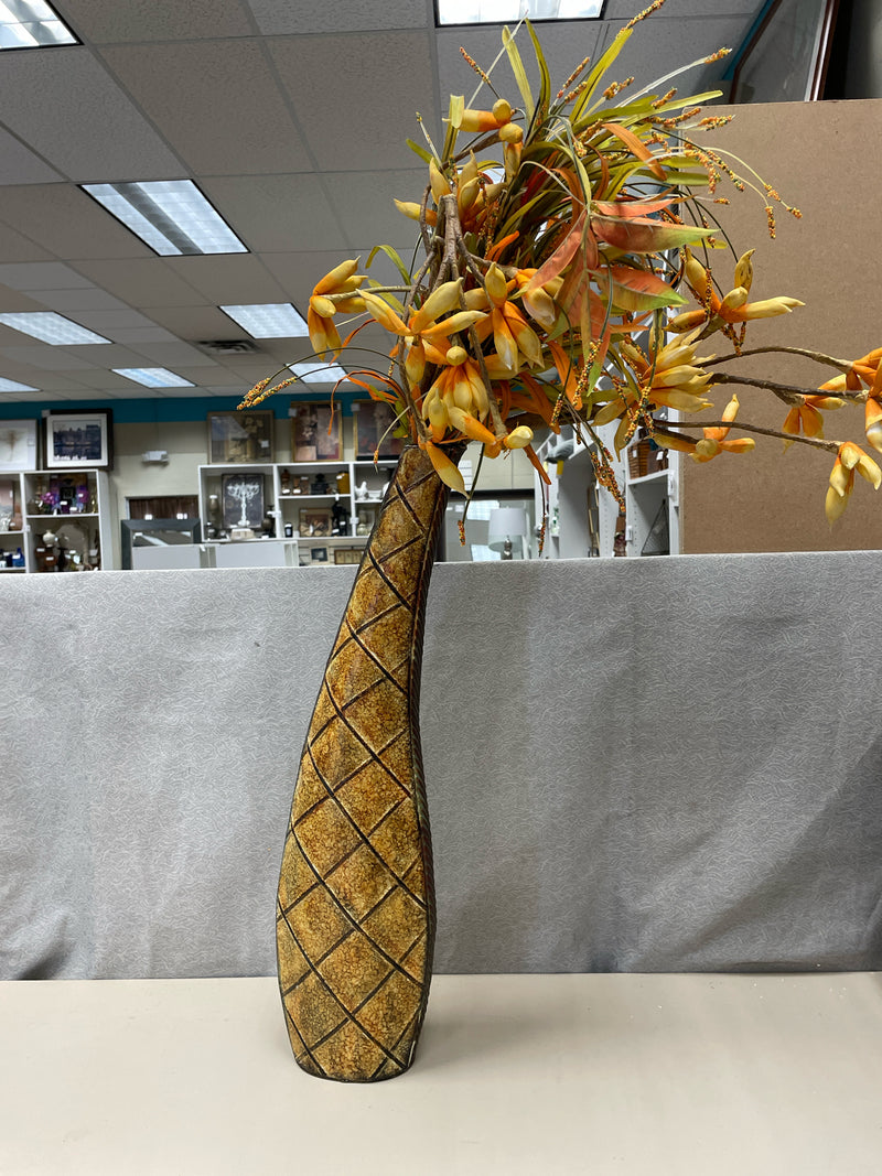 LARGE METAL VASE W/ORANGE FILLER