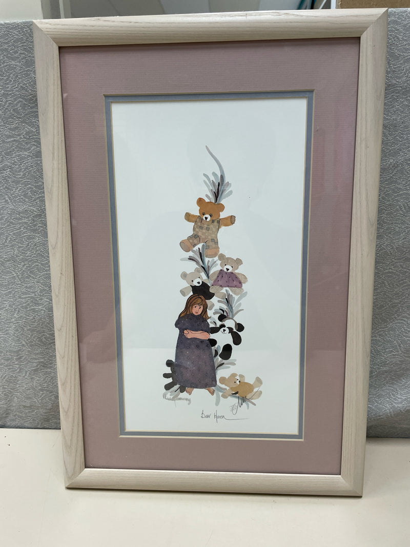 GIRL W/STUFFED ANIMALS WATERCOLOR